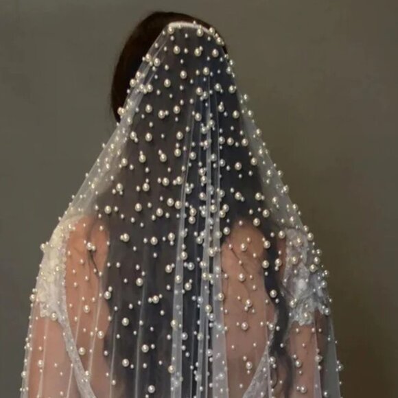 Bridal Veil With Pearls, Cathedral Length Beaded Pearl Veil main image 7